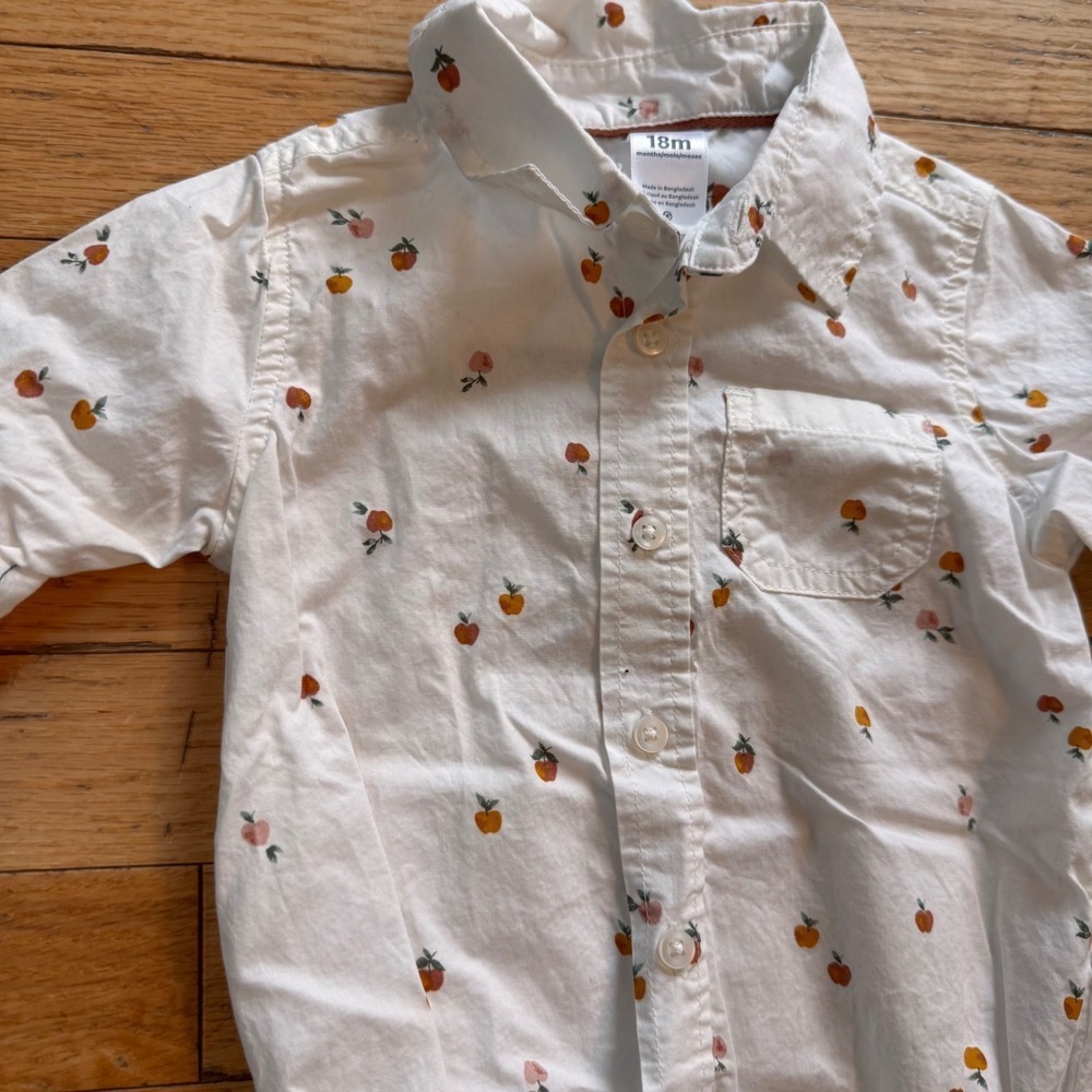 Carters 18M White‎ Peach Fruit Print Long Sleeve Button Down Shirt Bodysuit
